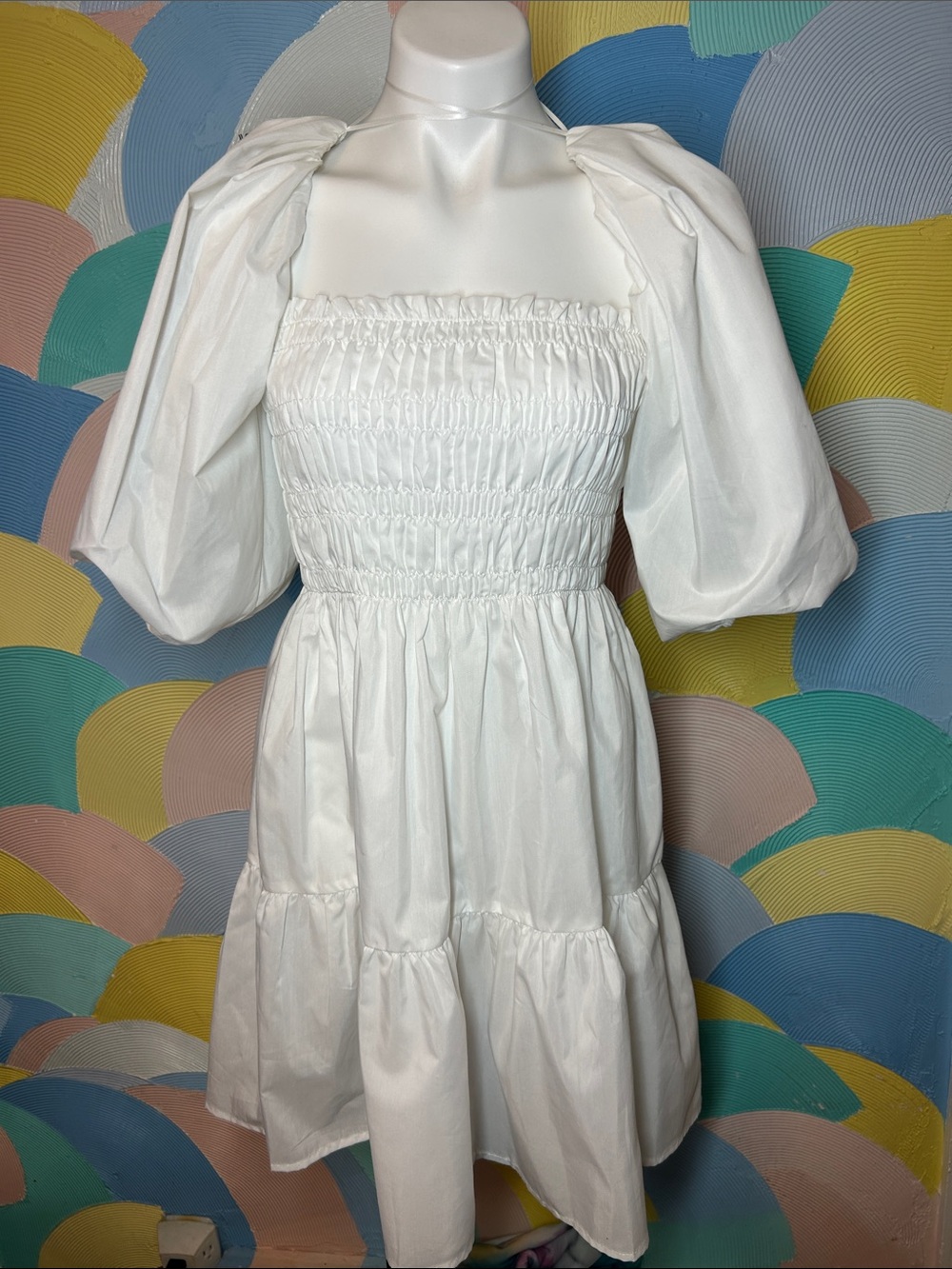 Vine & Love White Puff-Sleeve Smocked Mini Dress sz L